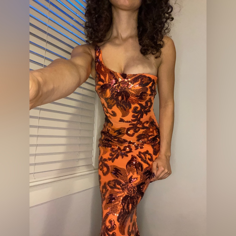 One shoulder sequin orange form fitting maxi dress